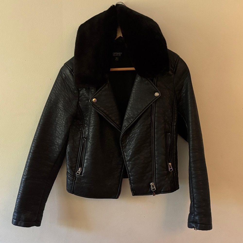 Topshop Black faux Leather Jacket with Fur Collar